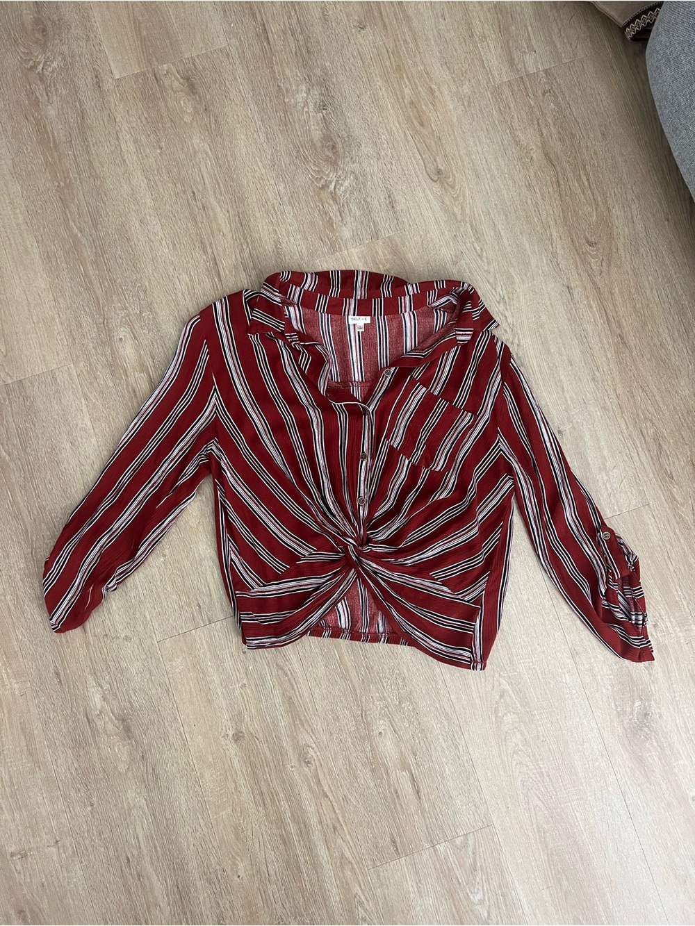 Striped Twist-Front Red Women's Button-Down Top